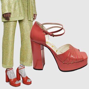 GUCCI SHOES MEDEA PLATFORM SANDALS RED PINK LEATHER sz 38.5 8.5